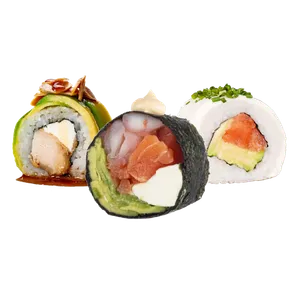 3 Rolls: Keto Camarón (SA04), Salmón Env. Queso Crema (RC04), Pollo Teriyaki Env. Palta (RC05)
