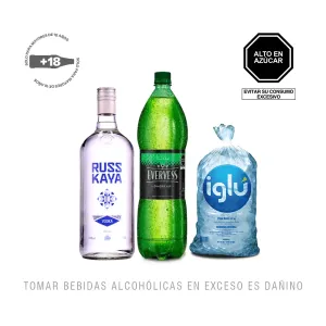 Pack (1 Vodka Russkaya Classic x 1 Lt + 1 Evervess 1.5 Lt + Hielo Iglú x 1.5 kg)