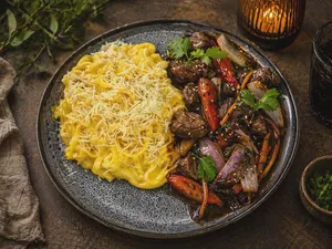 Fetuccini a la huancaina con Lomo saltado