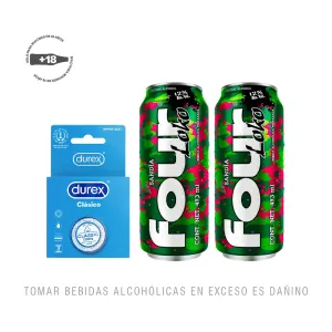 Pack (2 Rtd Four Loko Sandia 473 Ml + Preservativo Durex Clasico 3 Und)
