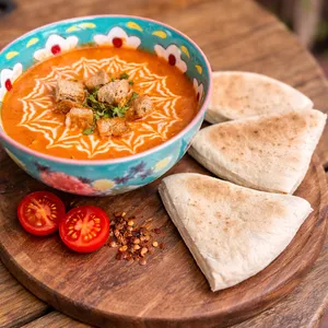Crema de Tomate Thai + Pan Naan APLV, Sin Soya Vegano