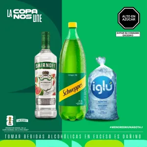 Pack (1 Schweppes Ginger Ale x 1.5 Lt + 1 Vodka Smirnoff Watermelon x 700 Ml + Hielo 1.5 Kg)
