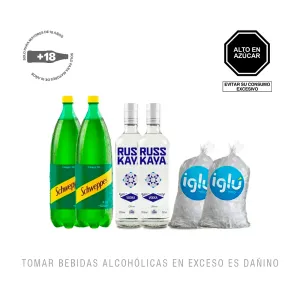 Pack (2 Vodka Russkaya 750 ml + 2 Schweppes Ginger Ale 1.5 Lt + 2 Hielo 1.5 Kg)