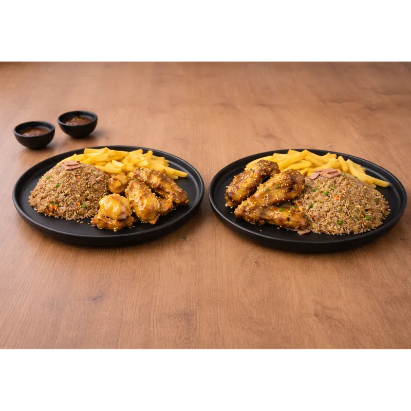 Combo arroz al wok + pollo a la naranja +  papas fritas (2 personas)