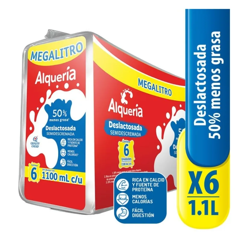 SIXPACK LECHE ALQUERIA DESLACTOSADA X 1100 ML 50% MENOS GRASA SIXPACK LECHE ALQUERIA DESLACTOSADA X 1100 ML 50% MENOS GRASA