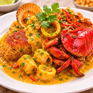 Tacu tacu en salsa de mariscos