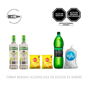 Pack (2 Vodka Smirnoff Green Apple 0.7L + 1 Evervess 1.5Lt + 2 Papas Jappy Snack Clásicas 160 gr + 1 Hielo)