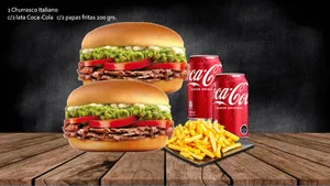 2 Churrasco Italiano Con 2 Latas De Coca-cola Y Papas Fritas