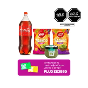 Pack (1 Nachos Original +1 Nachos Picantes Jappy Snack 200 gr + Salsa Dip con palta Casa Verde Frasco 180 gr +  Gaseosa Coca Cola 2.5 L)