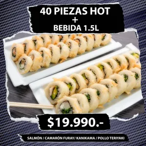 Hot Sushi 40 Piezas Calientes + Bebida 1.5L a Elección
