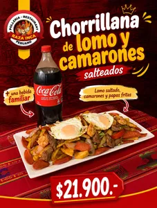 Chorrillana de lomo y camarones salteados
