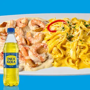 Fetuccini huancaina al ajo + bebida