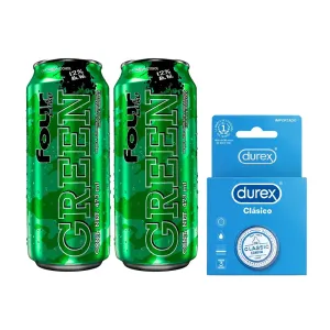 Pack (2 RTD Four Loko Green Apple 473 ml + 1 Preservativo Durex Clásico 3und)