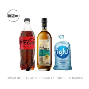 Pack (1 Coca Cola Sin Azúcar Pet x 1 Lt + 1 Ron Dos Maderos Añejo x 750 Ml + Hielo 1.5 Kg)