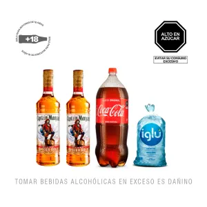 Pack (2 Ron Captain Morgan 700ml + Gaseosa Coca Cola 3 L + 1 Hielo 1.5Kg)