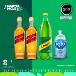 Pack (2 Whisky Johnnie Walker Red Label 750 ml + 1 Bebida Carbonatada Schweppes Ginger Ale 1.5 L + 1 Hielo Iglú Bolsa 1.5 Kg)