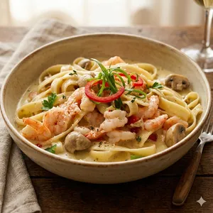 Fetuccini a la huancaína/al alfredo con langostinos