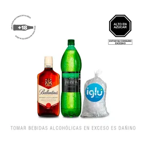 Pack (1 Whisky Ballantines Finest 700Ml + 1 Bebida Carbonatada Evervess 1.5Lt + 1 Hielo Iglu 1.5 Kg)