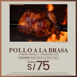 POLLO A LA BRASA +  PAPAS FRITAS + 1 GASEOSA DE 1.5 LT
