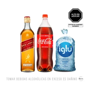 Pack (1 Whisky Johnnie Walker Red Label 750 ml + 1 Gaseosa Coca Cola 1.5 Lt + 1 Hielo Iglu 4.5 Kg)