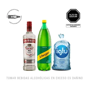 Pack (1 Schweppes Ginger Ale x 1.5 Lt + 1 Vodka Smirnoff Red x 700 Ml + Hielo 1.5 Kg)