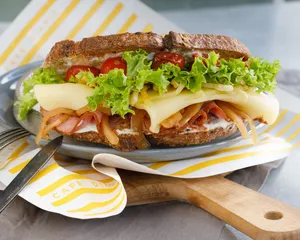 Pastrami, queso, tomates cherries asados, papas hilo, mix verde, cebolla pickle, mayonesa y mostaza.
