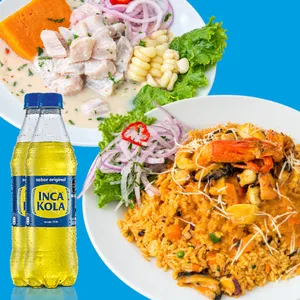 Ceviche de pescado + arroz con mariscos + 2 gaseosas