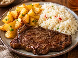 Arroz con Bife y Papas Doradas