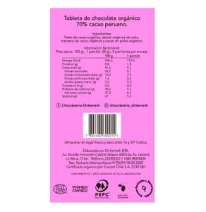 Barra 70% de cacao. Orgánicos/Veganos