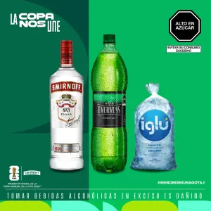 Pack (1 Vodka Smirnoff Red 1 Lt + 1 Bebida Carbonatada Evervess X 1.5 Lt + 1 Hielo Iglu Bolsa X 1.5 Kg)
