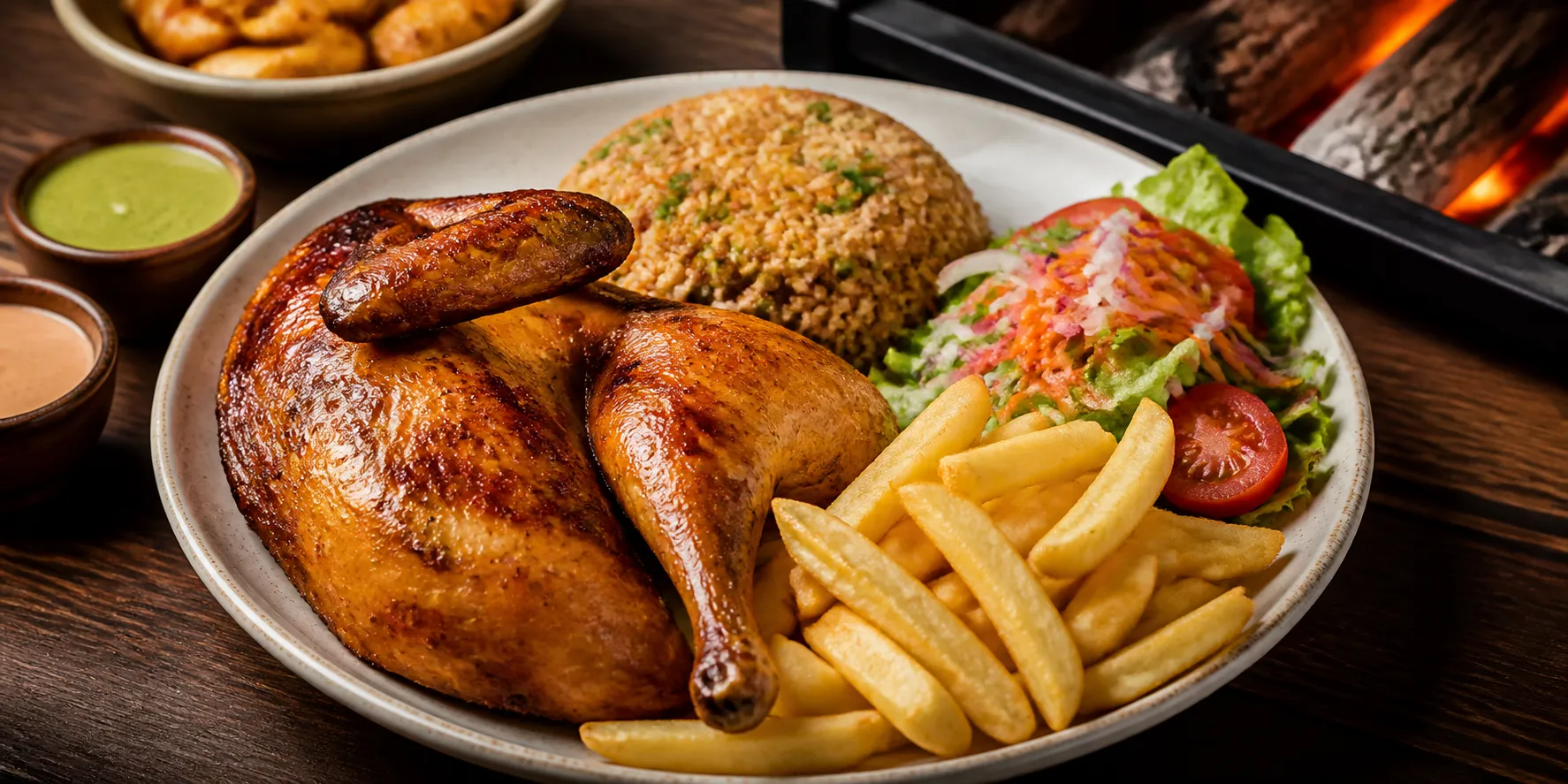 Pollo a la brasa con chaufa, papas y ensalada de Rykasa