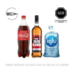 Pack (1 Ron Cabo Blanco Black x 900ml + 1 Coca Cola x 1 Lt + 1 Hielo 1.5 Kg)