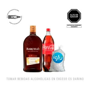 Pack (1 Ron Barcelo Añejo Garrafa x 1.75 Lt + 1 Coca Cola Sin Azúcar x 1.5 Lt + Hielo 1.5 Kg)