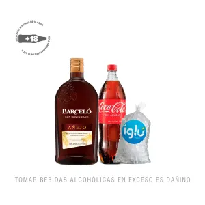 Pack (1 Ron Barcelo Añejo Garrafa x 1.75 Lt + 1 Coca Cola Sin Azúcar x 1.5 Lt + Hielo 1.5 Kg)