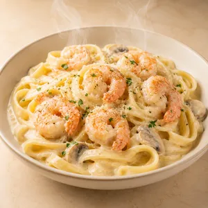 Fetuccini a la huancaína/al alfredo con langostinos