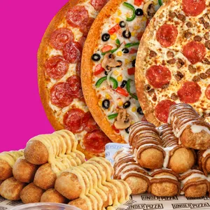 Mega promo de tres pizzas especiales con dos acompañamientos