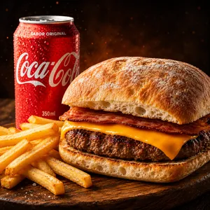 San Burguer + papas fritas y bebida.