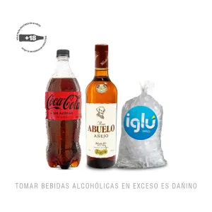 Pack (1 Ron Abuelo Añejo 750 ml + 1 Coca Cola Sin Azúcar 1 L + 1 Hielo 1.5 Kg)