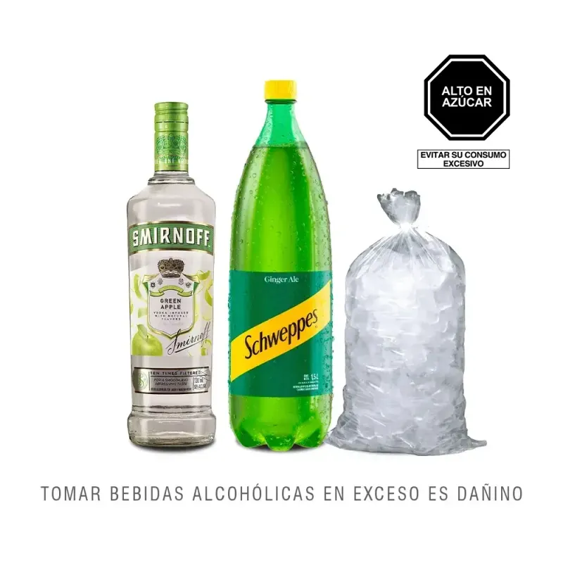 Pack (1 Schweppes Ginger Ale x 1.5 Lt + 1 Vodka Smirnoff Green Apple x 700 Ml + Hielo 1.5 Kg) Pack (1 Schweppes Ginger Ale x 1.5 Lt + 1 Vodka Smirnoff Green Apple x 700 Ml + Hielo 1.5 Kg)