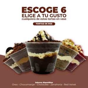 Escoge 6 tortas en vaso (9oz)