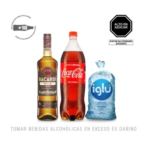 Pack (1 Ron Bacardi Añejo x 750 Ml + 1 Hielo 1.5 Kg + 1 Coca Cola Sin Azúcar x 1.5 Lt)