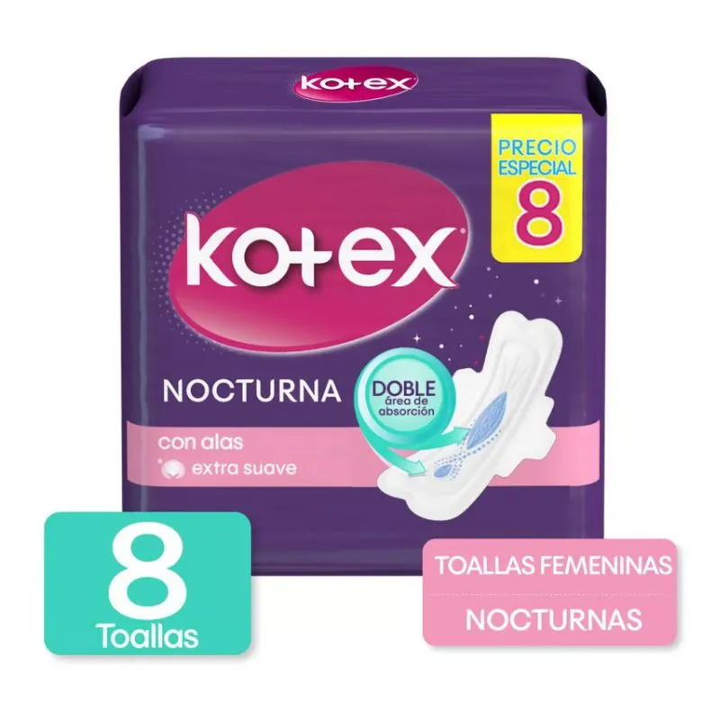 Toallas femeninas kotex nocturna x 8 unds Toallas femeninas kotex nocturna x 8 unds