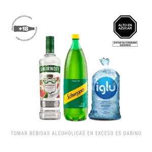 Pack (1 Schweppes Ginger Ale x 1.5 Lt + 1 Vodka Smirnoff Watermelon x 700 Ml + Hielo 1.5 Kg)