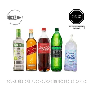 Pack (1 Vodka Smirnoff Green Apple x 700 ml + 1 Johnnie Walker Red 750ml + 1 Evervess x 1.5 Lt + 1 Coca Cola 1Lt + 1 Hielo Fatica Bolsa x 1.5 Kg)