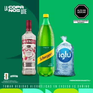 Pack (1 Schweppes Ginger Ale x 1.5 Lt + 1 Vodka Smirnoff Raspberry x 700 Ml + Hielo 1.5 Kg)