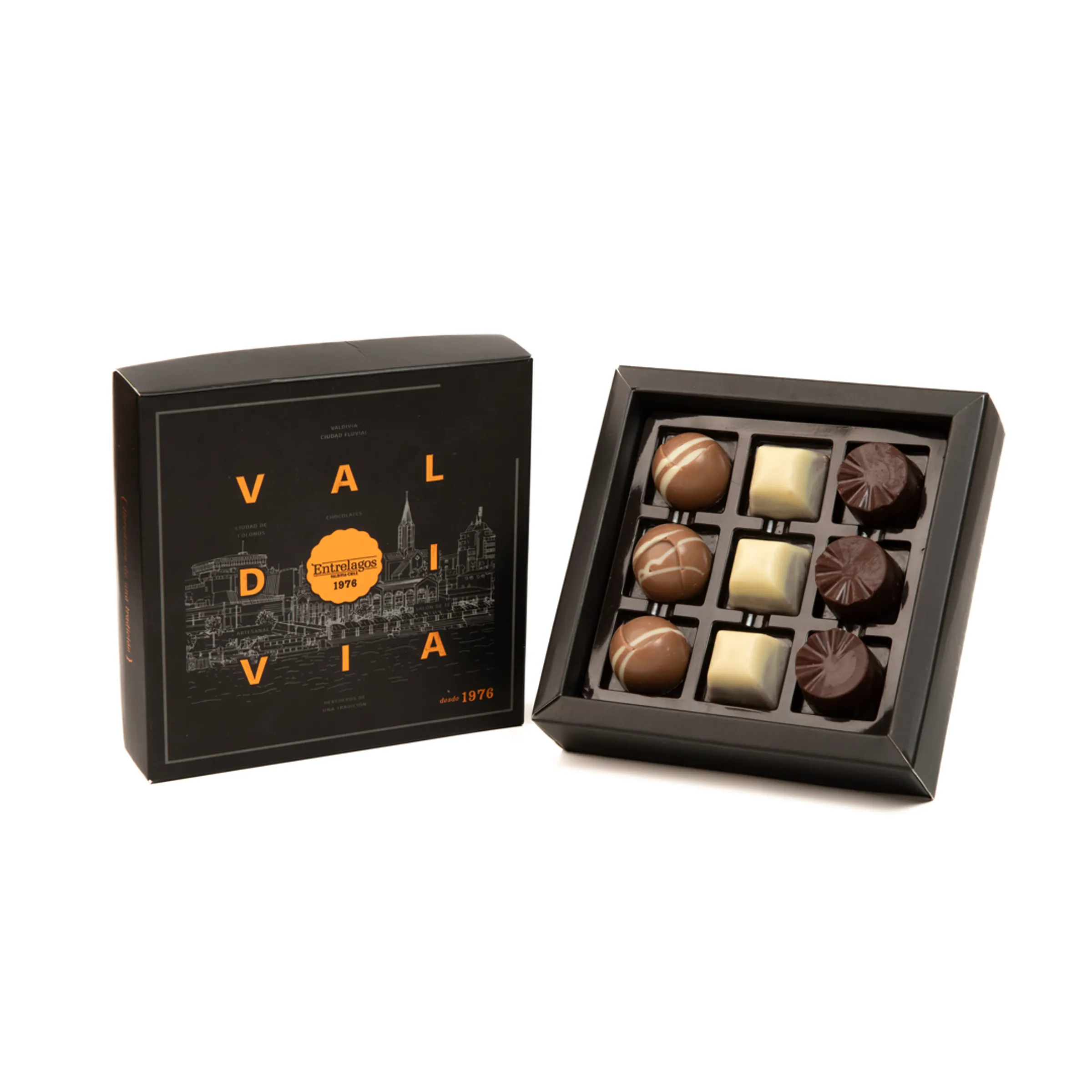 562 - Caja 9 bombones valdivia 90 gr. - Chocolatería Entrelagos