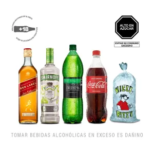 Pack (1 Vodka Smirnoff Green Apple x 700 ml + 1 Johnnie Walker Red 750ml + 1 Evervess x 1.5 Lt + 1 Coca Cola 1Lt + 1 Hielo Ritty x 1.5 Kg)