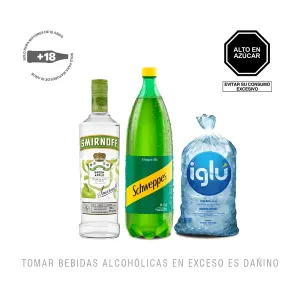 Pack (1 Schweppes Ginger Ale x 1.5 Lt + 1 Vodka Smirnoff Green Apple x 700 Ml + Hielo 1.5 Kg)