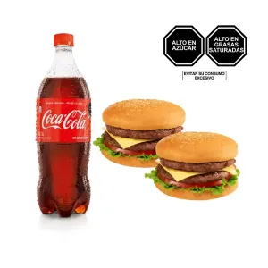 Pack (1 Coca Cola x 1 Lt + 2 Hamburguesa Doble Con Queso)