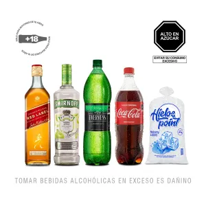 Pack (1 Vodka Smirnoff Green Apple x 700 ml + 1 Johnnie Walker Red 750ml + 1 Evervess x 1.5 Lt + 1 Coca Cola 1Lt + 1 Hielo Point Bolsa x 1.5 Kg)